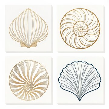 Four square art pieces displaying shell and nautilus designs in gold and blue on a white background