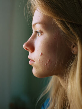 Young woman with pcos and acne gazes thoughtfully out window, natural light highlights her skin texture and emotional expression, close up portrait, soft focus