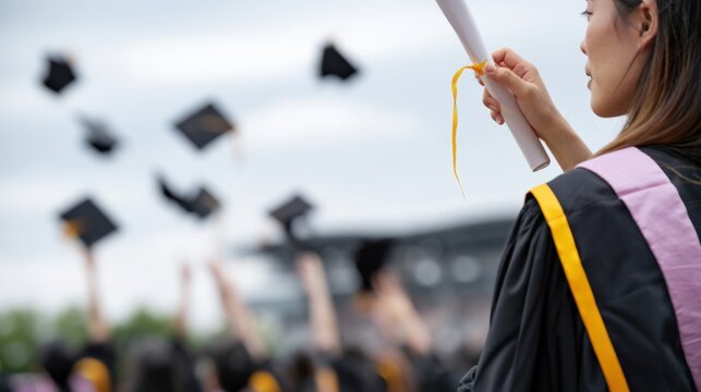 Graduate holding diploma during commencement ceremony outdoors
