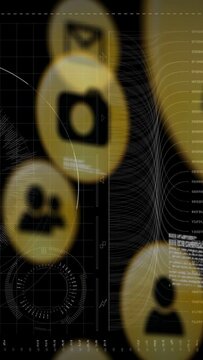 Vertical video: Gold tokens entering from top and right, drifting across dark HUD, revealing icons