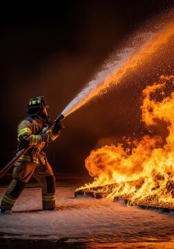 Action shot of a firefighter in protective gear spraying water and thick foam from a heavy hose to extinguish a massive, raging inferno, service, pressure, emergency