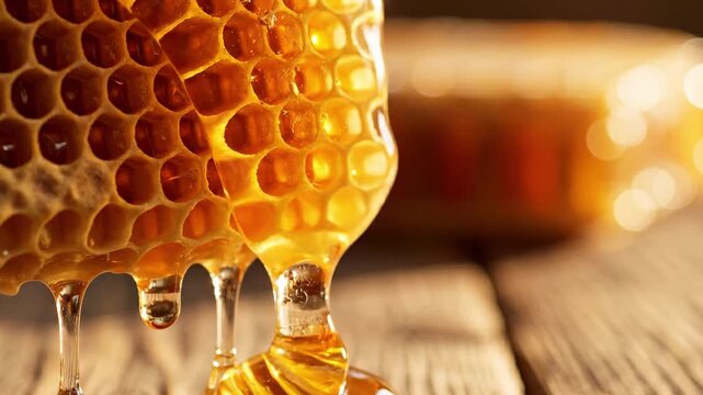 Golden Honey Dripping from Organic Honeycomb Macro with Warm Sunlight