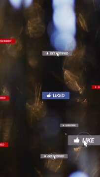 Vertical video: UI badges appearing, stacking after cursor clicking LIKE badge, showing alerts