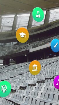 Vertical video: App icons entering right, drifting over gray seats, showing education and sport