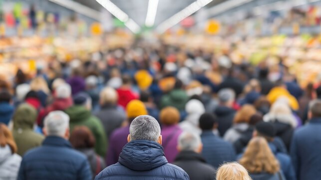 Person facing large crowded group inside busy indoor public hall