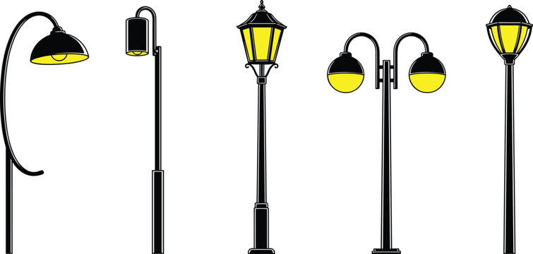 Street lamp collection set with modern and classic outdoor lighting pole designs vector illustration