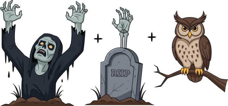 Spooky Halloween Zombie Hand, Gravestone, and Owl for Creepy Graveyard Scene and Fall Decorations