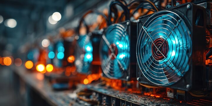 Row of powerful cooling fans on a cryptocurrency mining rig