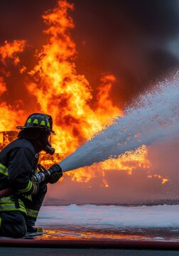 Action shot of a firefighter in protective gear spraying water and thick foam from a heavy hose to extinguish a massive, raging inferno, training, water, equipment