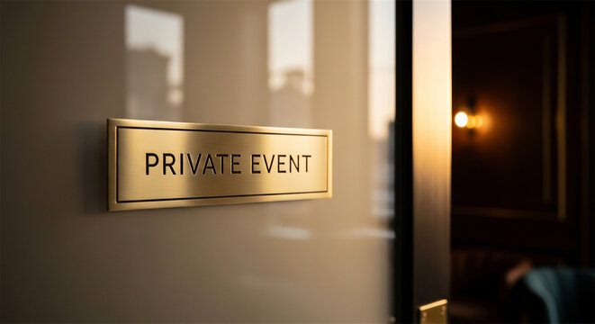 Elegant gold plaque announces a private event on a sophisticated door