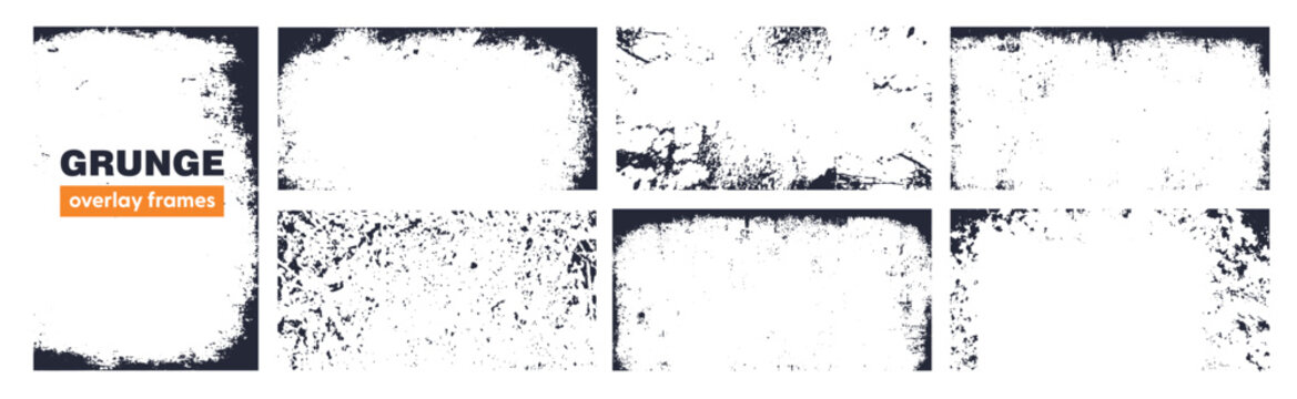 Set of grunge overlay frame and background with grime and rugged effect. Border collection with vintage texture.