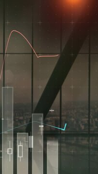 Vertical video: finance chart updating on input animating candles and trends over city for analysis
