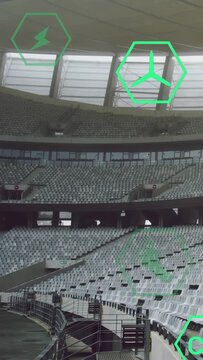 Vertical video: AR icons appearing over empty stands, pulsing and shifting to show green impact