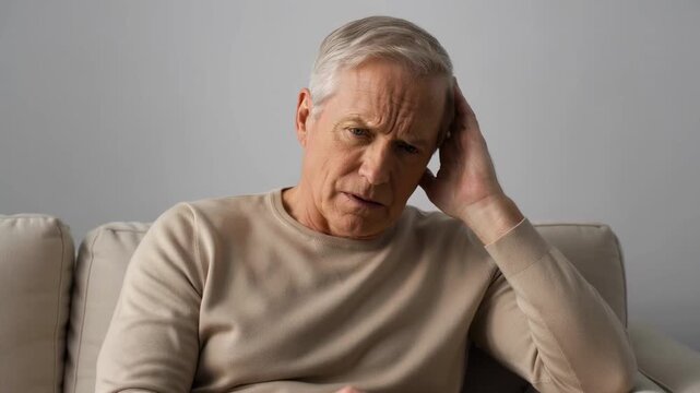 Senior man with gray hair wearing beige sweater sits on neutral couch with contemplative expression, hand raised to head in pensive pose against gray background.