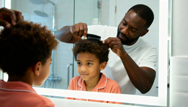 Caring black father combing his young son's curly hair in the bathroom. Family bonding during a daily grooming routine