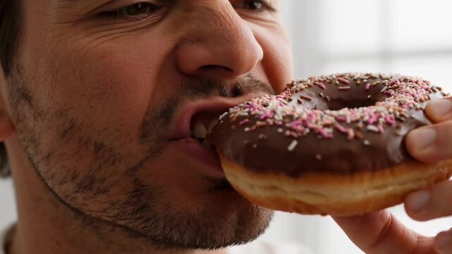 Close up of bearded man eating chocolate frosted donut with colorful sprinkles, indulgent snacking and dessert concept.