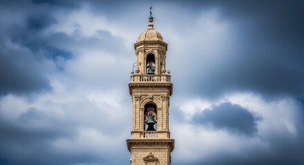 Fototapeta premium An elegant stone bell tower of a traditional church stands against the clouds, highlighting historic craftsmanship and architecture, facade, height, exterior