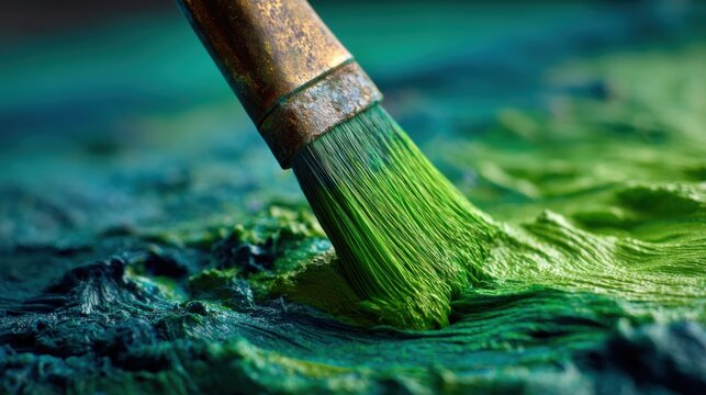 Close-up macro of a paintbrush applying thick textured green oil paint onto a canvas