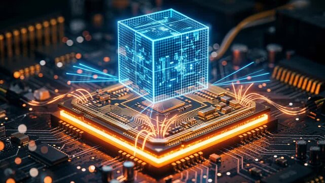 Holographic blue cube hovering over a computer processor on a motherboard. AI data centers rising concept with glowing orange circuitry. 3D animation of advanced quantum computing hardware