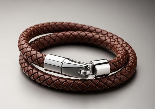 Bracciale di design in cuoio marrone con trama intrecciata e gancio in acciaio inossidabile lucido su sfondo neutro per uno stile sobrio, prodotto, estetica, casual