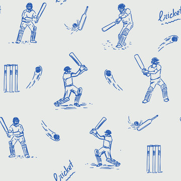 Cricket, seamless pattern with players, monochrome vector sketch