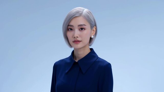 Professional Asian woman with silver grey hair and pearl earrings wearing navy blue shirt, standing against a minimalist blue background with calm, composed expression.
