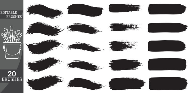 Pack of 20 Thick Wavy Grunge Brush Strokes and Rounded Black Paint Smears for Creative Texture Design