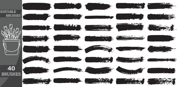 Collection of 40 Diverse Grunge Ink Brushes and Long Horizontal Paint Strokes for Professional Vector Design