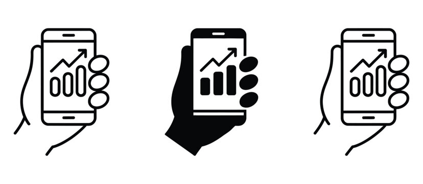 Hand holding smartphone with growth chart icon set representing mobile business analytics, data tracking, performance metrics, financial growth visualization, and digital marketing insights