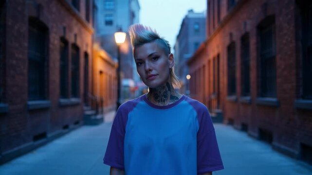 Edgy young woman with distinctive punk hairstyle and tattoos poses confidently in a brick-lined city alley during twilight hours, street lamps glowing warmly in the background.