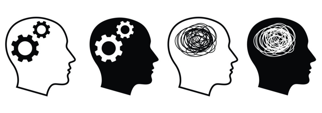 Four set of heads with intricate internal mechanical designs. Human brain icons vector set.