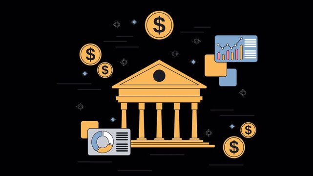 Minimalist flat design animation of a bank building with floating financial graphs and currency icons