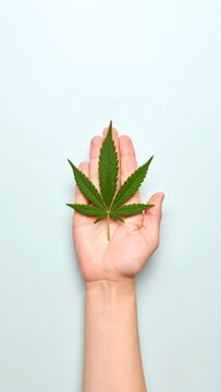 Cannabis Leaf Held in Hand, symbolizing plant based wellness and healthcare