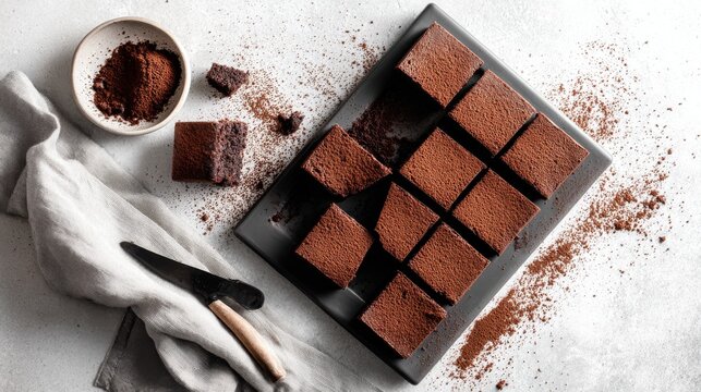 Rich Chocolate Brownies Dusted with Cocoa Powder on a Slate Plate. A delightful arrangement of homemade chocolate brownies, dusted generously with cocoa powder, presented on a dark slate plate