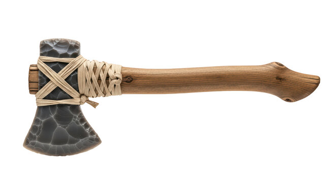 Primitive Stone Axe with Wooden Handle on Transparent Background, PNG