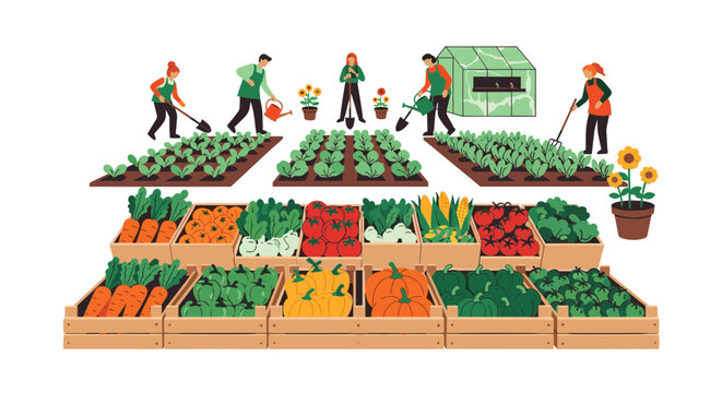 A vibrant vector illustration of a bustling farmer's market with people gardening and selling fresh produce