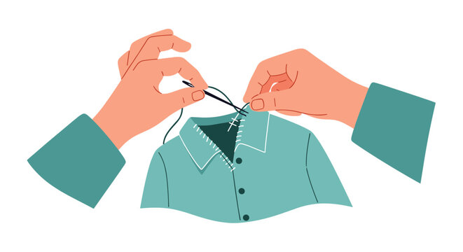 A minimalist vector illustration of two hands unbuttoning a green shirt
