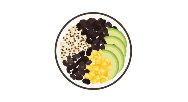 A vector graphic illustration of a bowl with food including avocado and beans