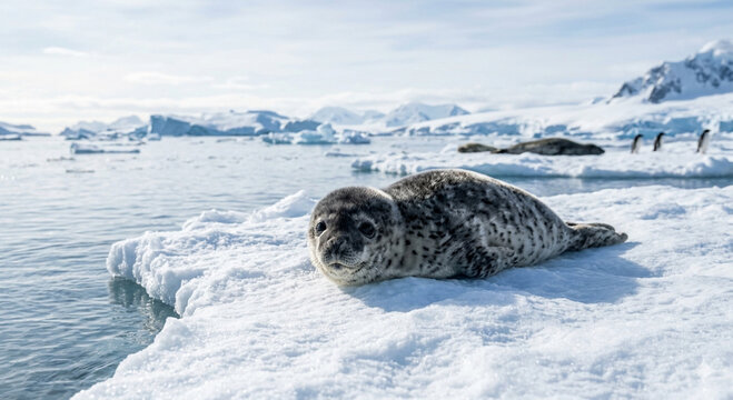 A baby leopard seal in the arctic