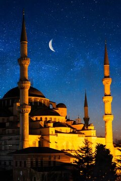Bathed in golden light, the mosque rises like a fortress of faith beneath the eternal stars, its domes and minarets piercing the heavens, proclaiming strength, unity, and the unshakable power of devot