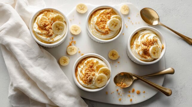 Delicious homemade banana cream dessert served in individual ramekins with fresh fruit. Four individual servings of creamy banana dessert topped with crumbled cookies and fresh banana slices