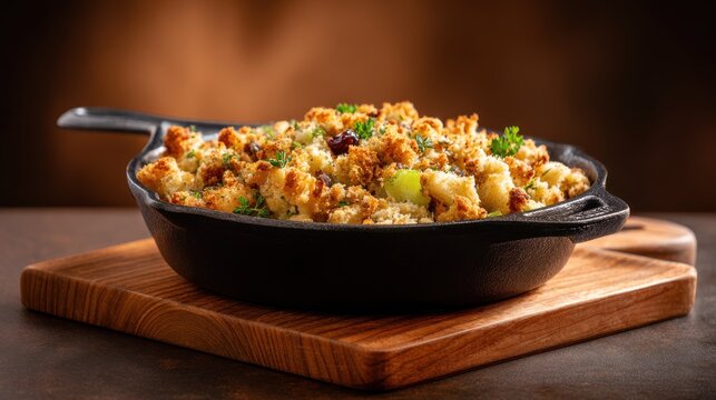 Homemade stuffing with herbs and cranberries served in a cast iron skillet. A close-up view of a rustic cast iron skillet filled with freshly baked stuffing, garnished with herbs and dried cranberries