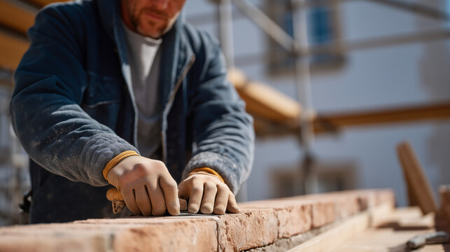 Historic brick facade of a century-old townhouse under scaffolding, a lone mason chiseling deteriorated mortar from between original handmade bricks. Fine stone dust coats their forearms, a tuck-poi