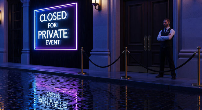 Elegant venue with 'Closed for Private Event' neon sign and doorman guarding entrance.