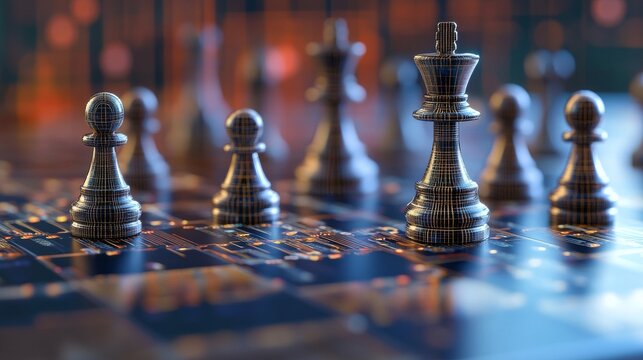 Futuristic chess pieces on a circuit board chessboard for strategic technology planning and cybersecurity initiatives