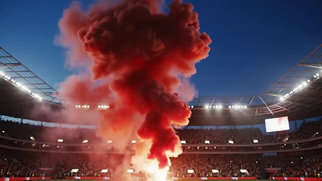 Red smoke flare erupting in crowded football stadium at night, energetic sports fan atmosphere and celebration concept