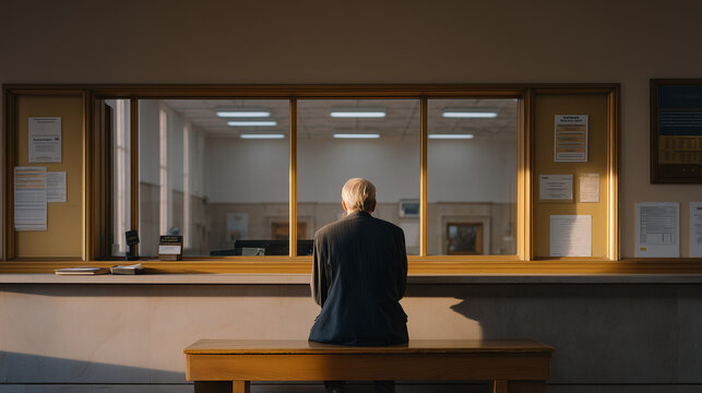 Litigant photographs court fee payment receipt at clerk's window with personal phone after successful small claims filing, modest courthouse lobby with wooden bench seating and fluorescent ceiling p