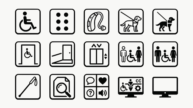 Universal accessibility and disability assistance vector icons set