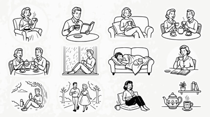 Fototapeta premium Doodle set of people enjoying coffee and tea in various lifestyle scenes including relaxing at home, reading, and social gatherings in a hand drawn line art style.