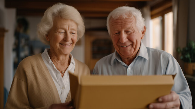 Elderly couple reviewing mail order pharmacy delivery box contents at dining room table, comparing medication list against included packing slip, home medication management, aging in place, senior h